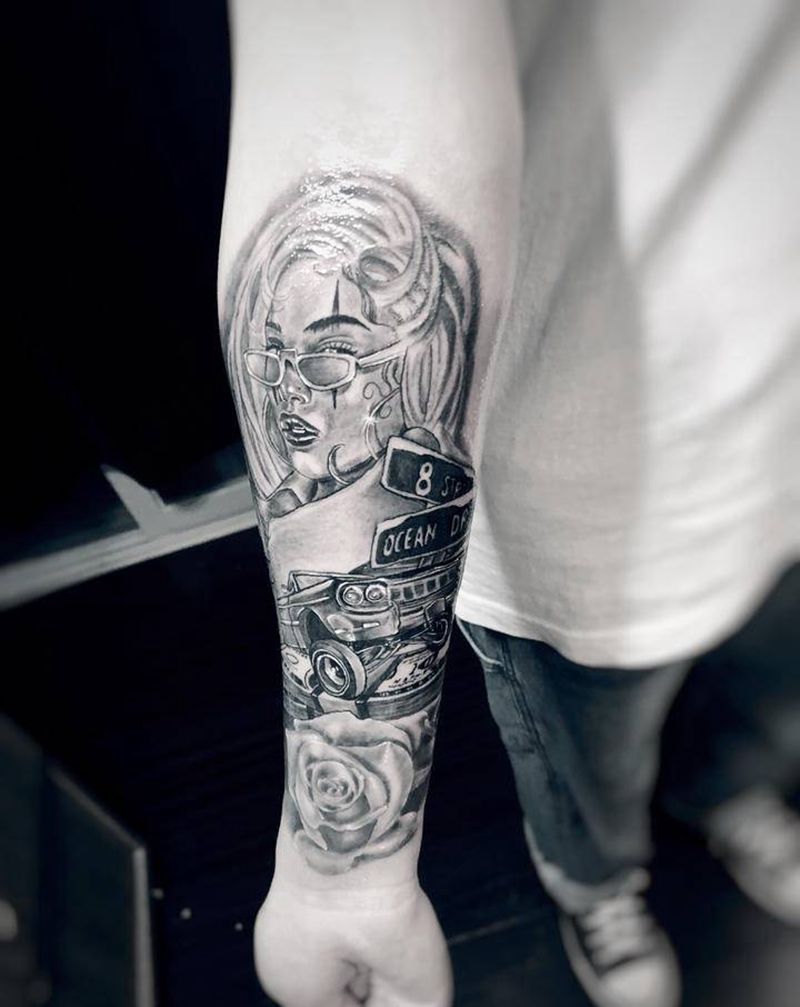 西海岸女郎纹身图片_手臂欧美写实纹身图案