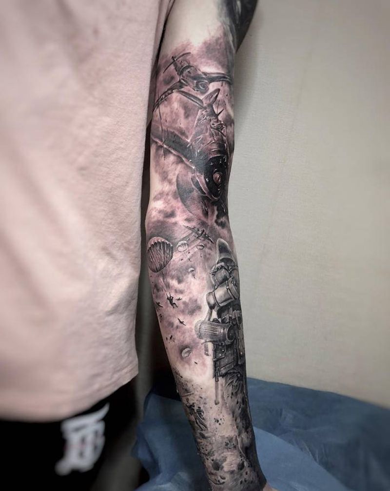 战争花臂 未完纹身图片_手臂欧美写实反战战场纹身图案