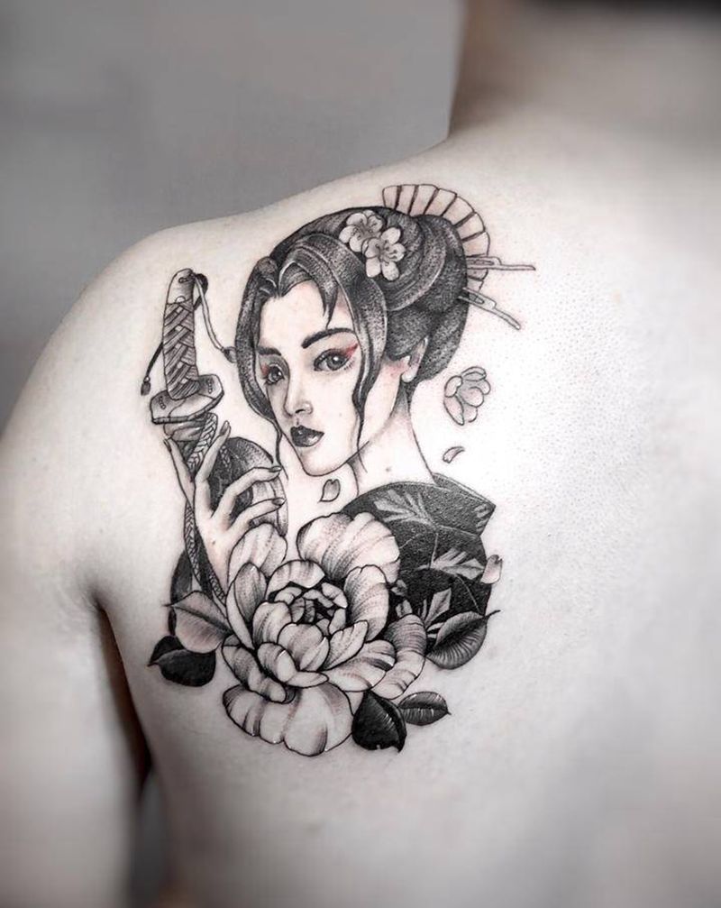 艺妓纹身图片_肩部新传统纹身图案