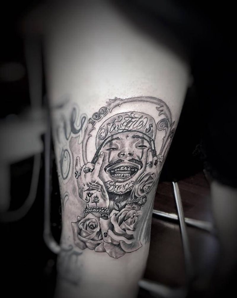 嘻哈摇滚纹身图片_腿部欧美写实花体字人物纹身图案