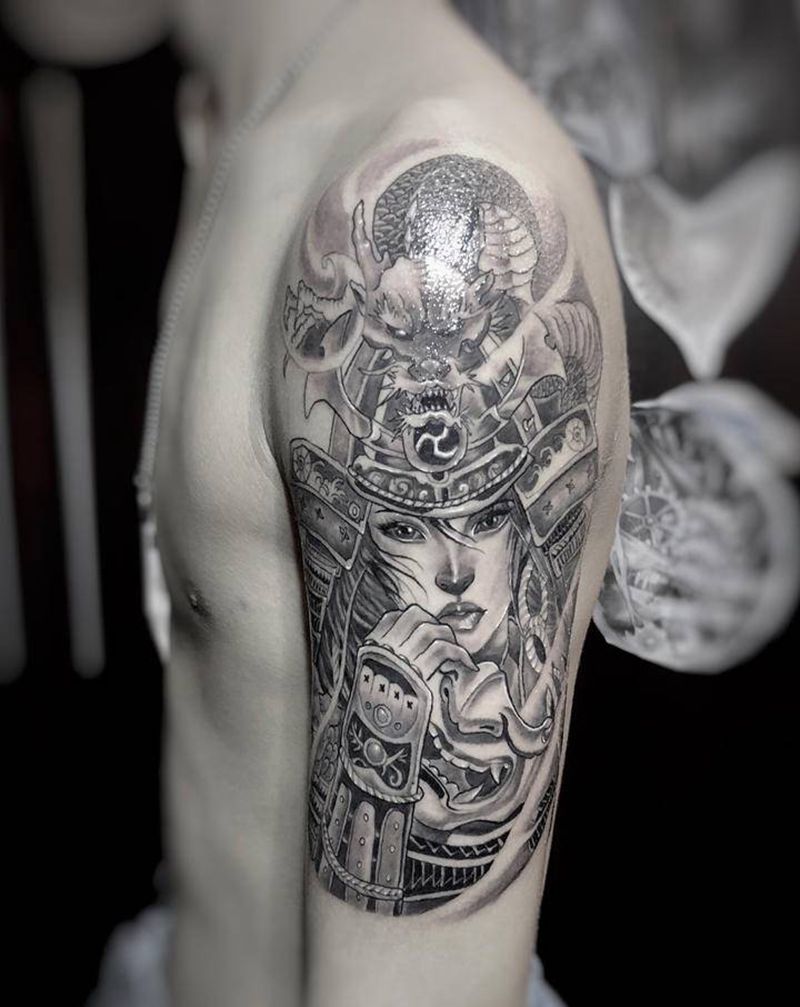 女武士纹身图片_肩部新传统欧美写实艺妓纹身图案