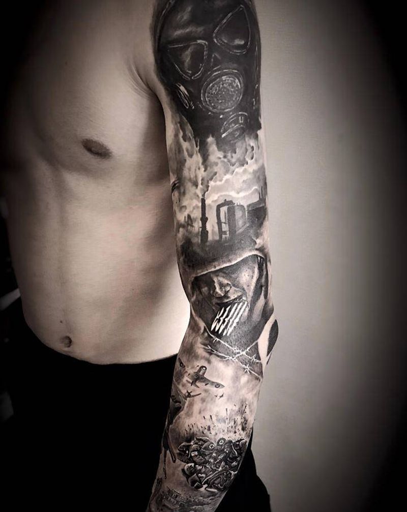 反战花臂纹身图片_手臂欧美写实战争纹身图案