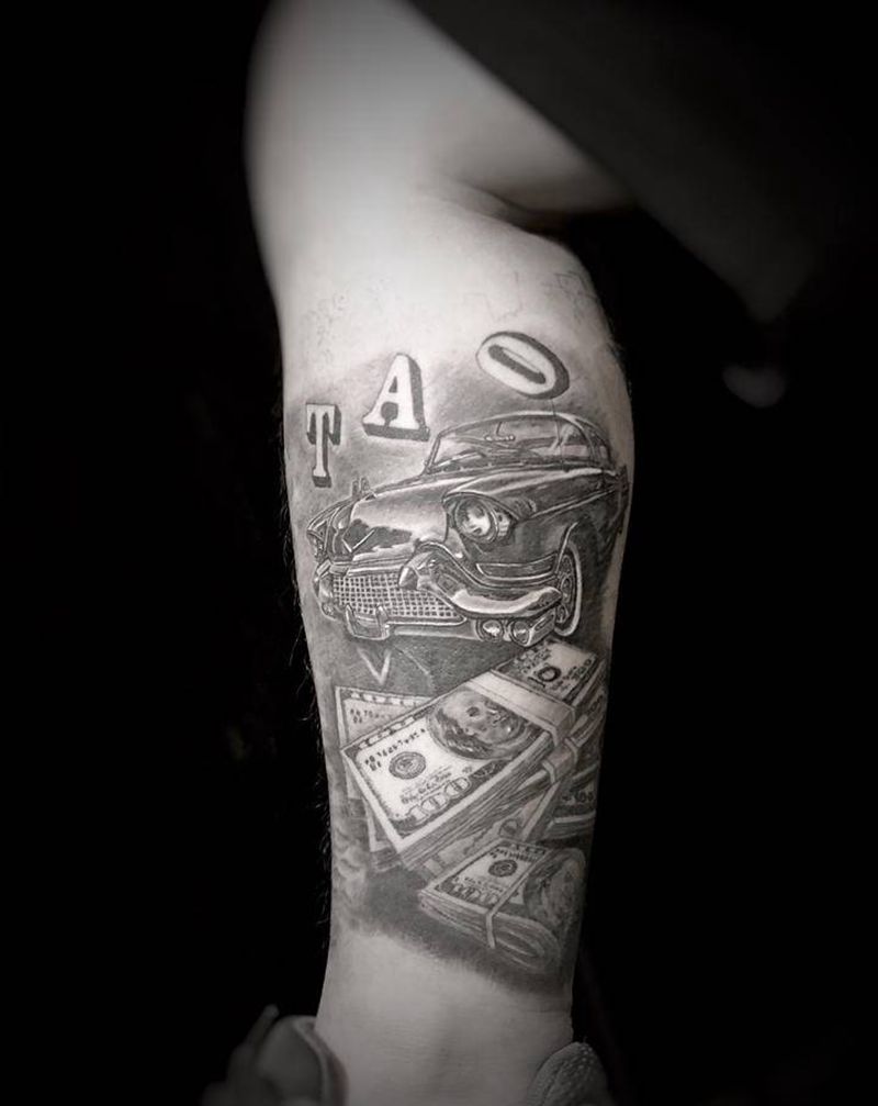 美金 跑车纹身图片_腿部欧美写实纹身图案