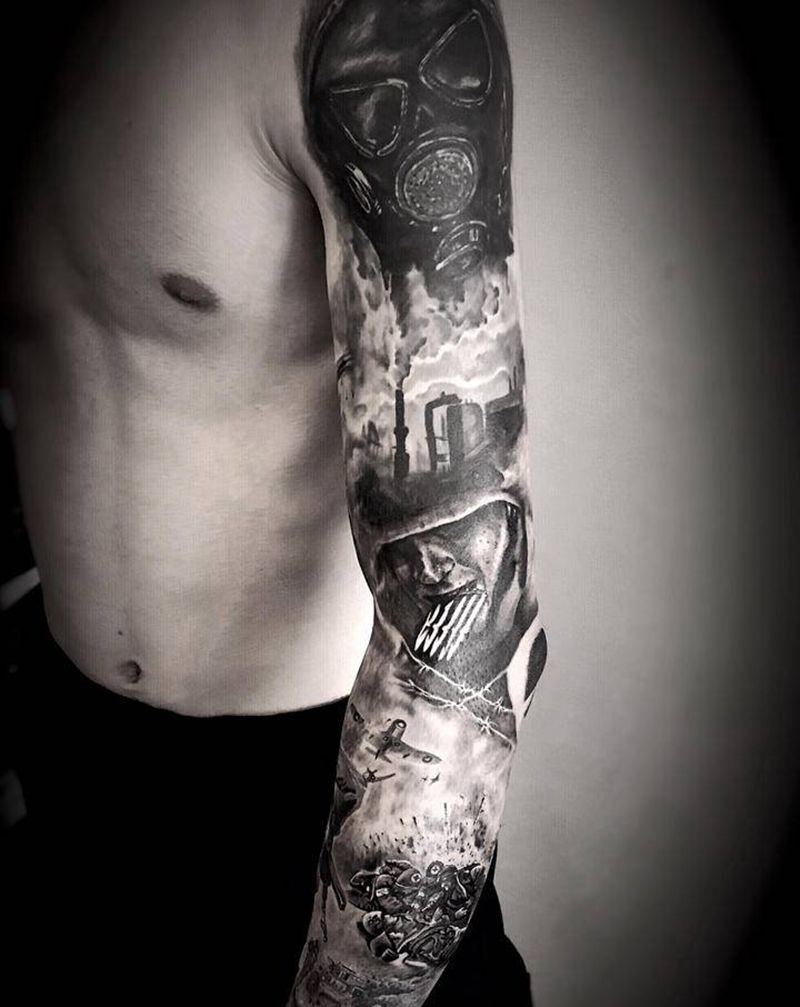战争花臂纹身图片_手臂欧美写实反战纹身图案