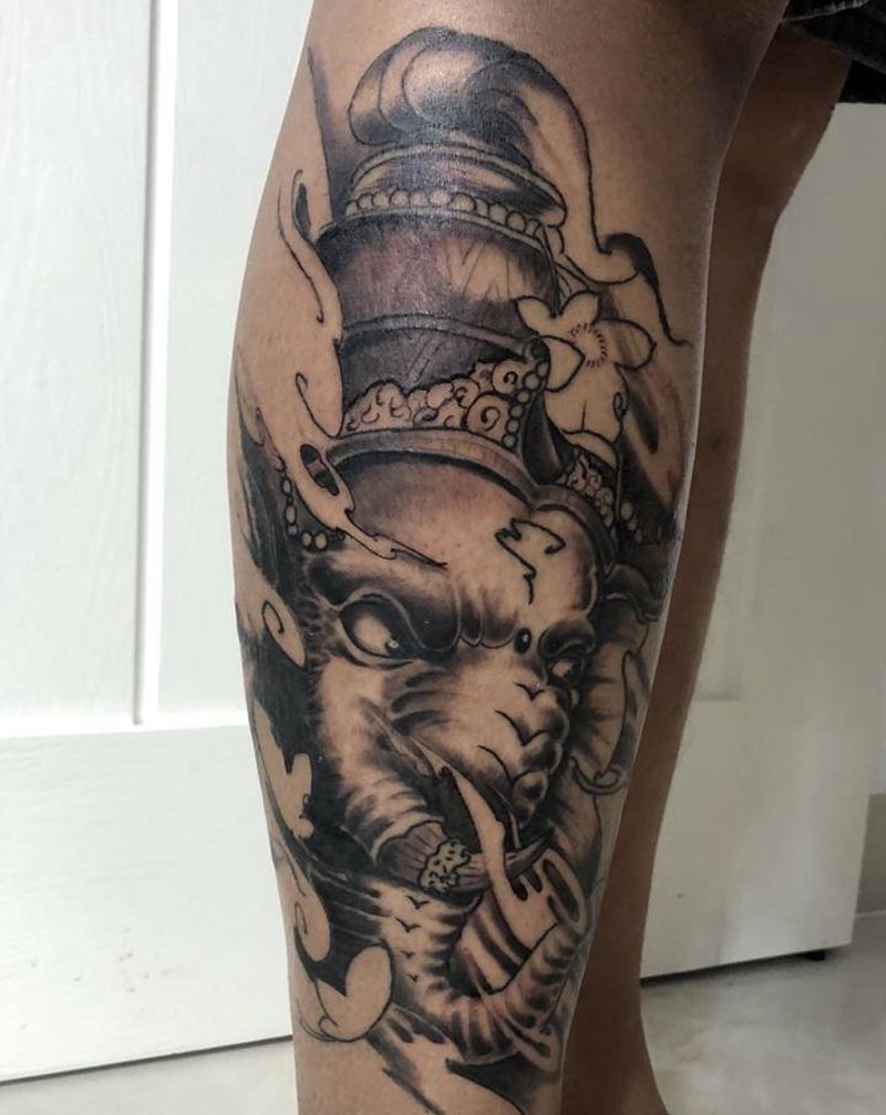 象神纹身图片_腿部新传统纹身图案
