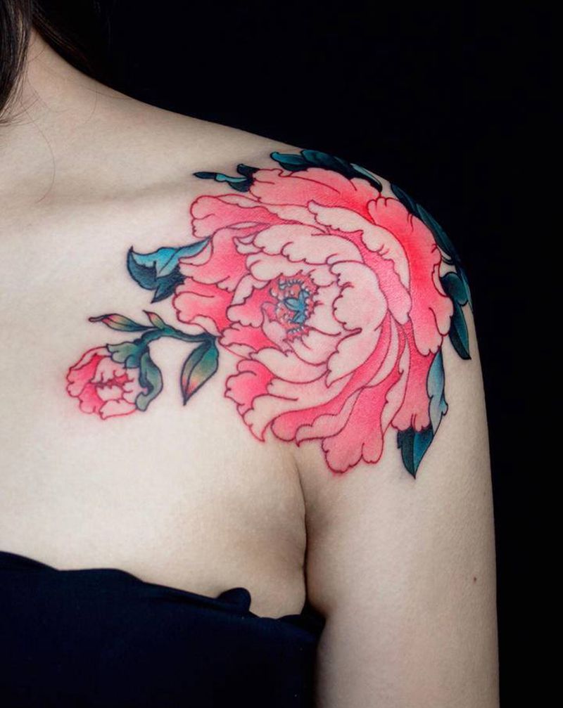 唯有牡丹真国色纹身图片_肩部新传统纹身图案