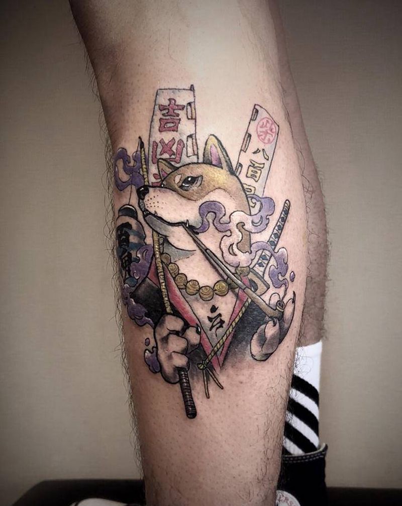 和风柴犬纹身图片_脚部腿部新传统欧美写实纹身图案