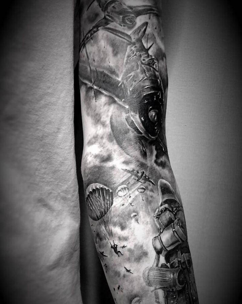 战争花臂纹身图片_手臂欧美写实纹身图案
