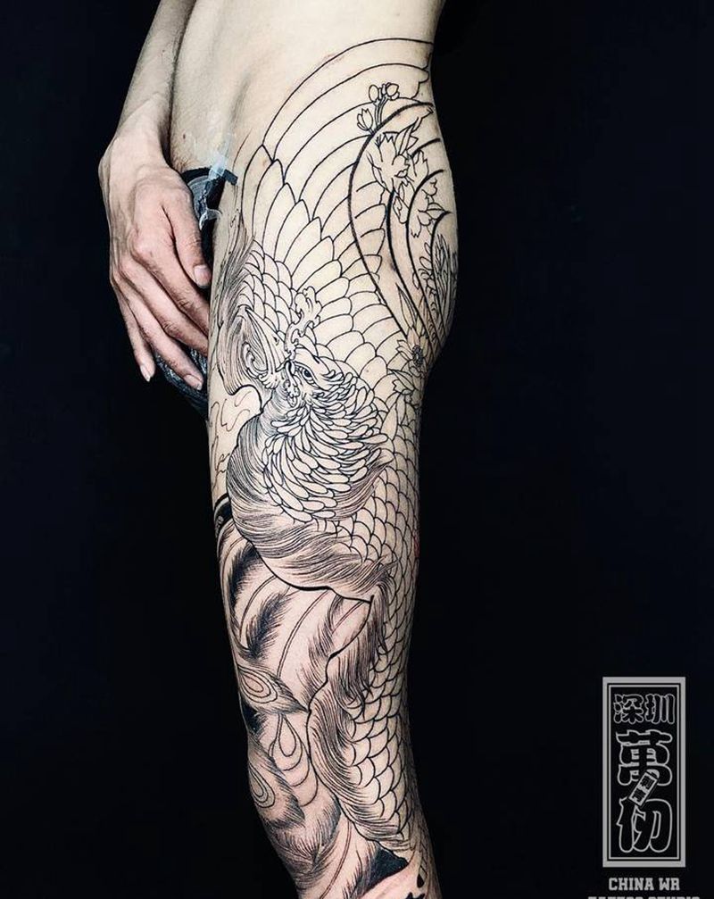 凤凰纹身图片_腿部新传统纹身图案