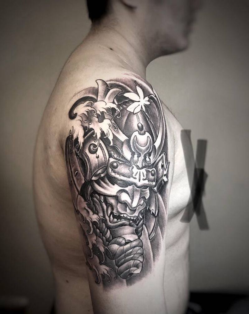 鬼武士纹身图片_手臂肩部新传统老传统武士 般诺纹身图案