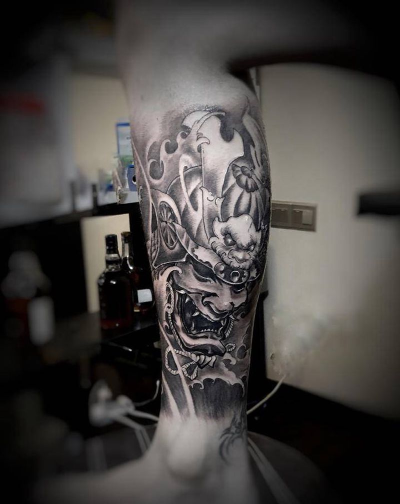 新传统花腿纹身图片_腿部脚部新传统鬼武士 象神纹身图案