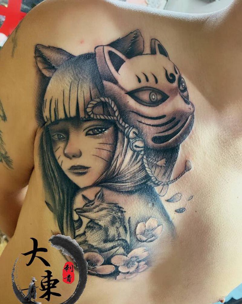 胸口纹身图片_胸部新传统纹身图案