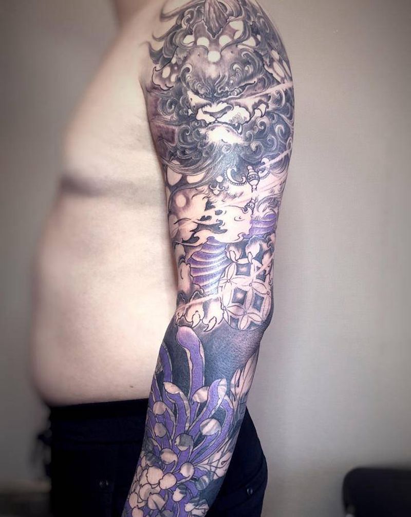 花臂纹身图片_手臂腿部新传统老传统唐狮菊花纹身图案