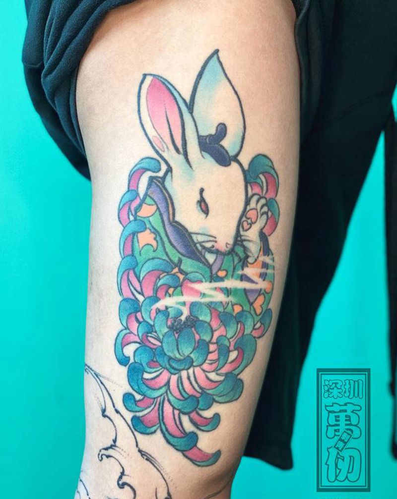 日式 玉兔纹身图片_腿部老传统纹身图案