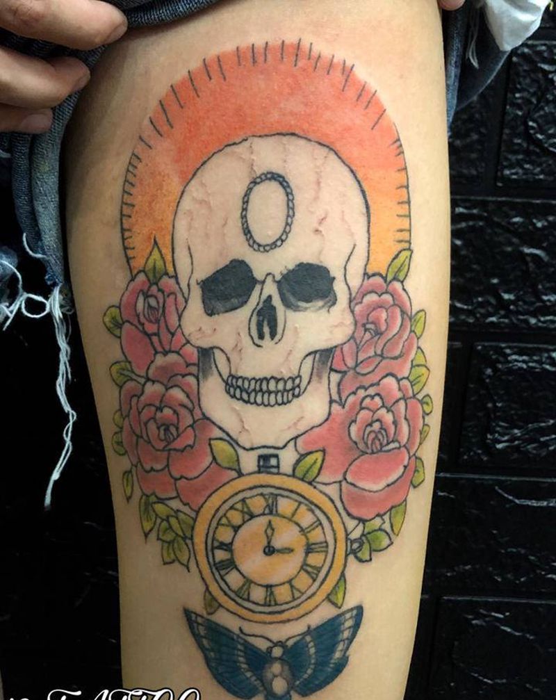 骷髅纹身图片_腿部纹身图案