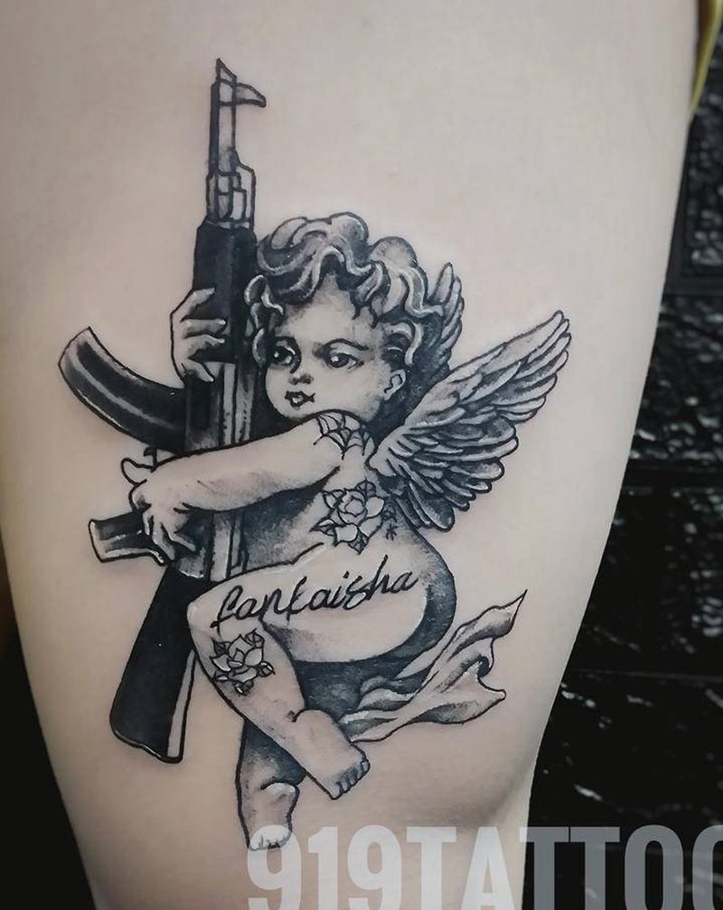 丘比特纹身图片_脚部Old School纹身图案