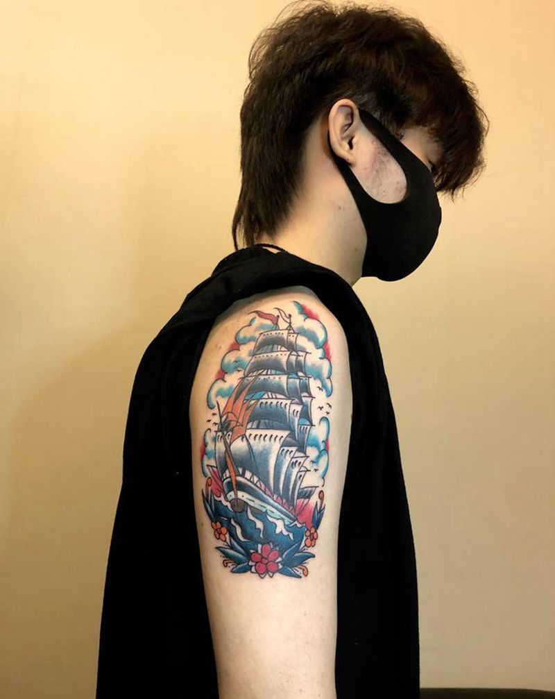 old school纹身图片_手部手臂Old School帆船纹身图案