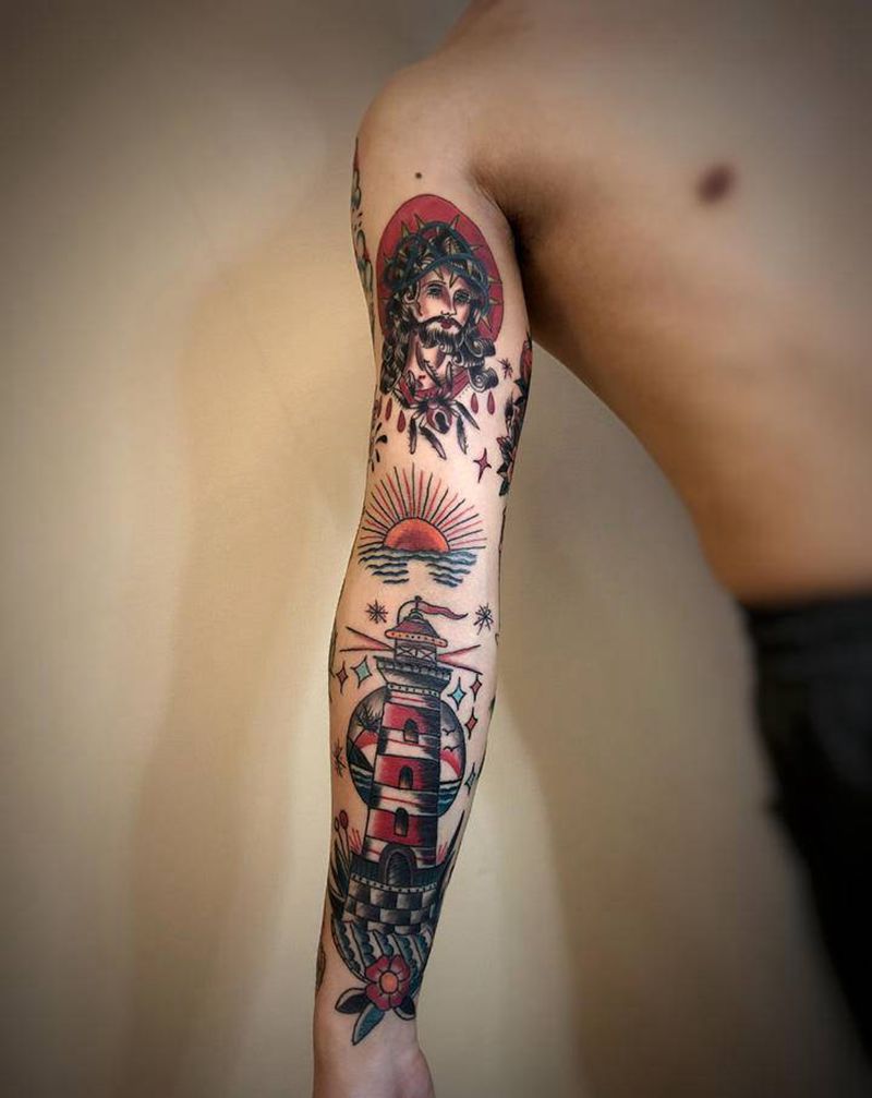 拼接花臂纹身图片_手臂Old School纹身图案