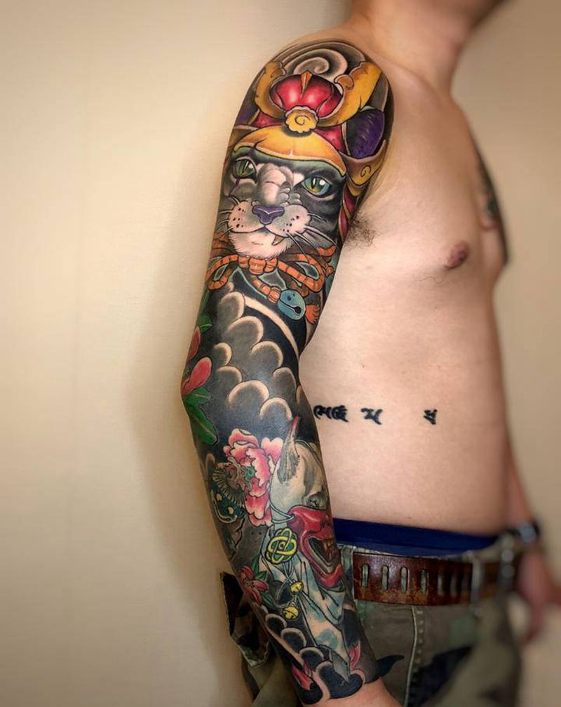 拼接改传统花臂纹身图片_手臂新传统老传统纹身图案