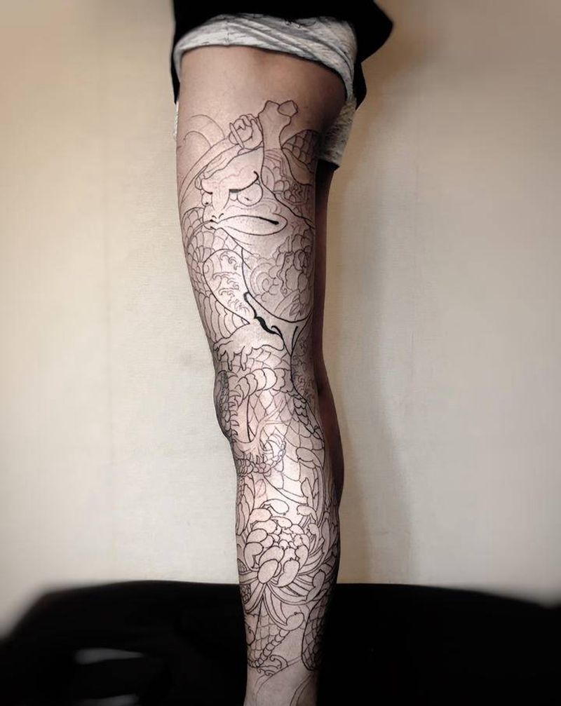 传统花腿 线稿纹身图片_脚部腿部老传统纹身图案