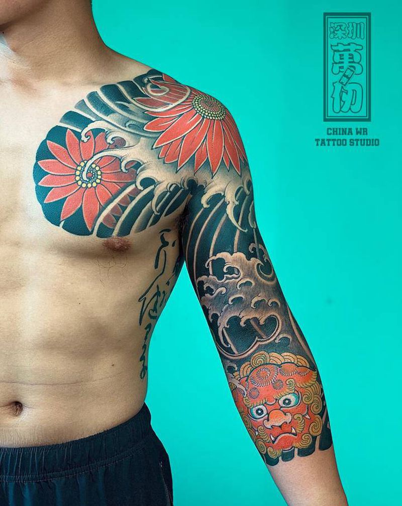 七分臂 / 雏菊小唐狮纹身图片_手臂老传统纹身图案