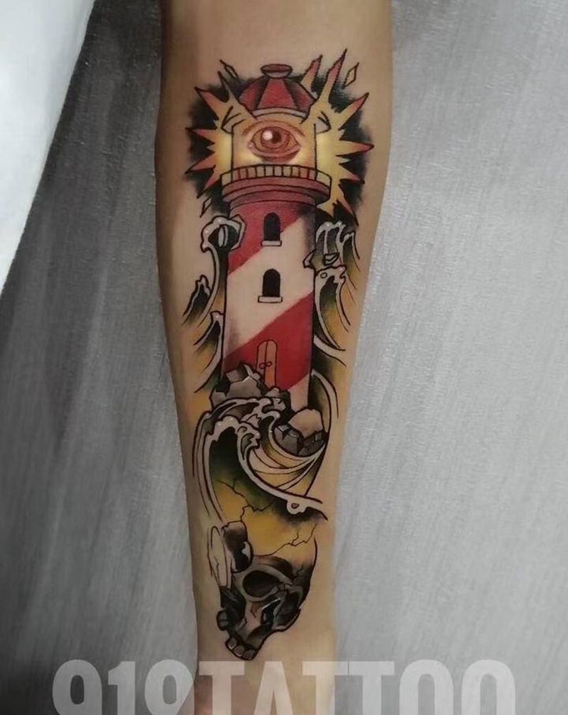 灯塔纹身图片_手部Old School纹身图案