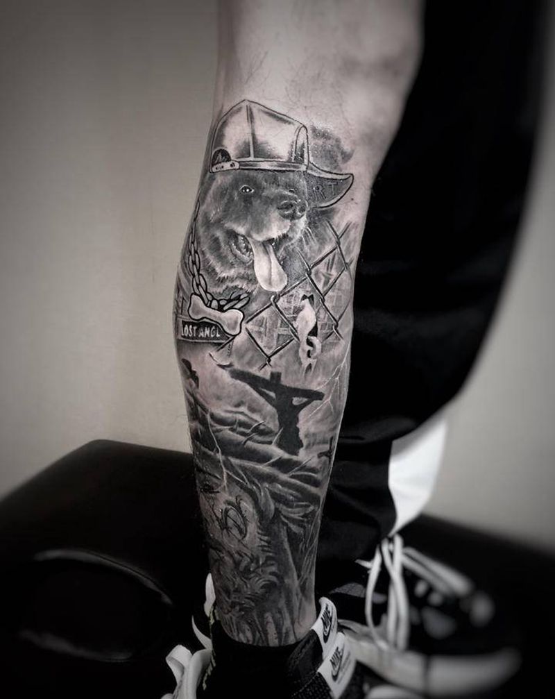 欧美乱拼纹身图片_腿部欧美写实花体字暗黑纹身图案