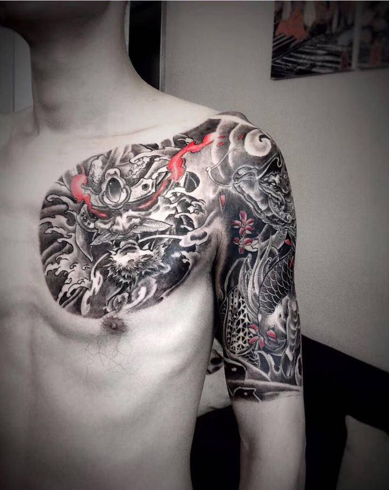 麒麟半甲纹身图片_肩部胸部新传统老传统新传统 武士纹身图案