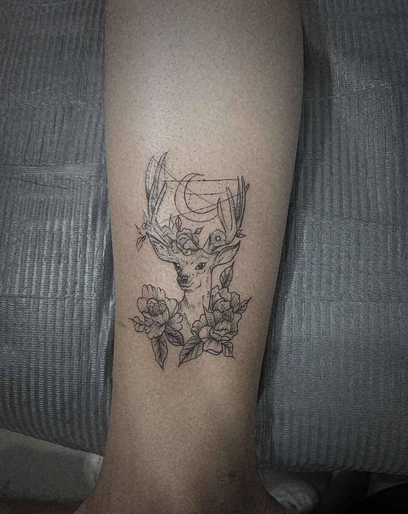 鹿纹身图片_腿部纹身图案