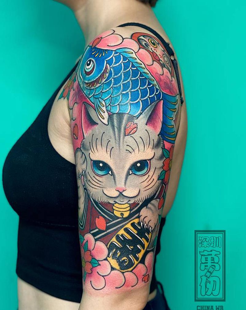 招财猫遮盖纹身图片_肩部老传统纹身图案