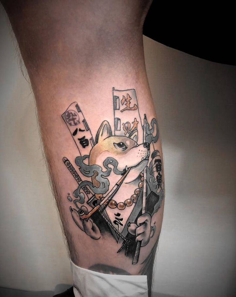 犬纹身图片_腿部新传统柴犬纹身图案