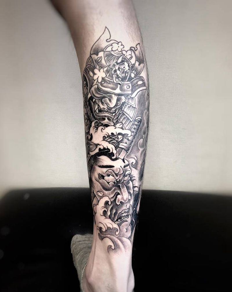 日式生首纹身图片_腿部老传统新传统鬼武士 生首纹身图案