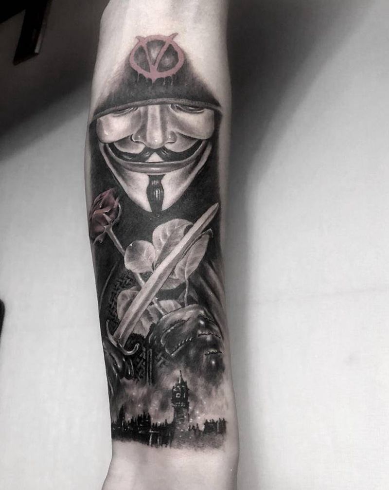 V字仇杀队纹身图片_手臂欧美写实纹身图案