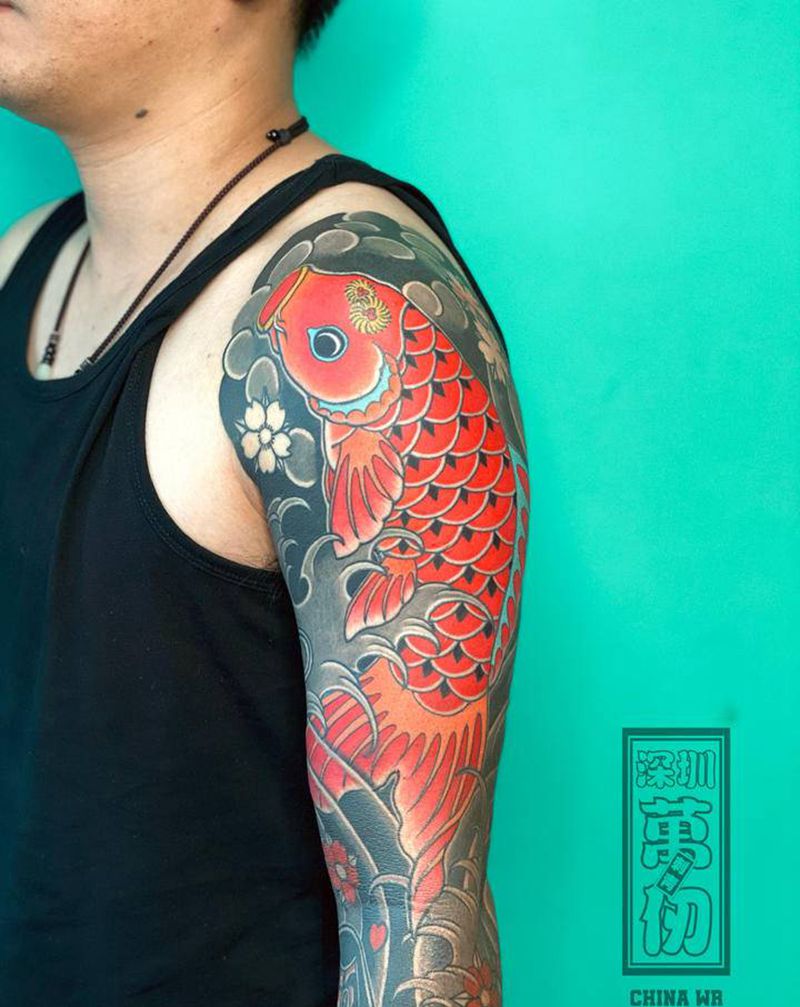 今日份 锦鲤旗纹身图片_手臂老传统纹身图案