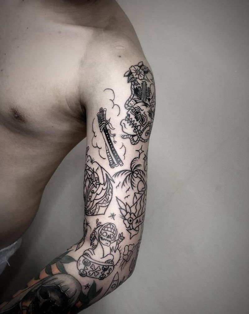 拼接花臂  未完纹身图片_Old School纹身图案