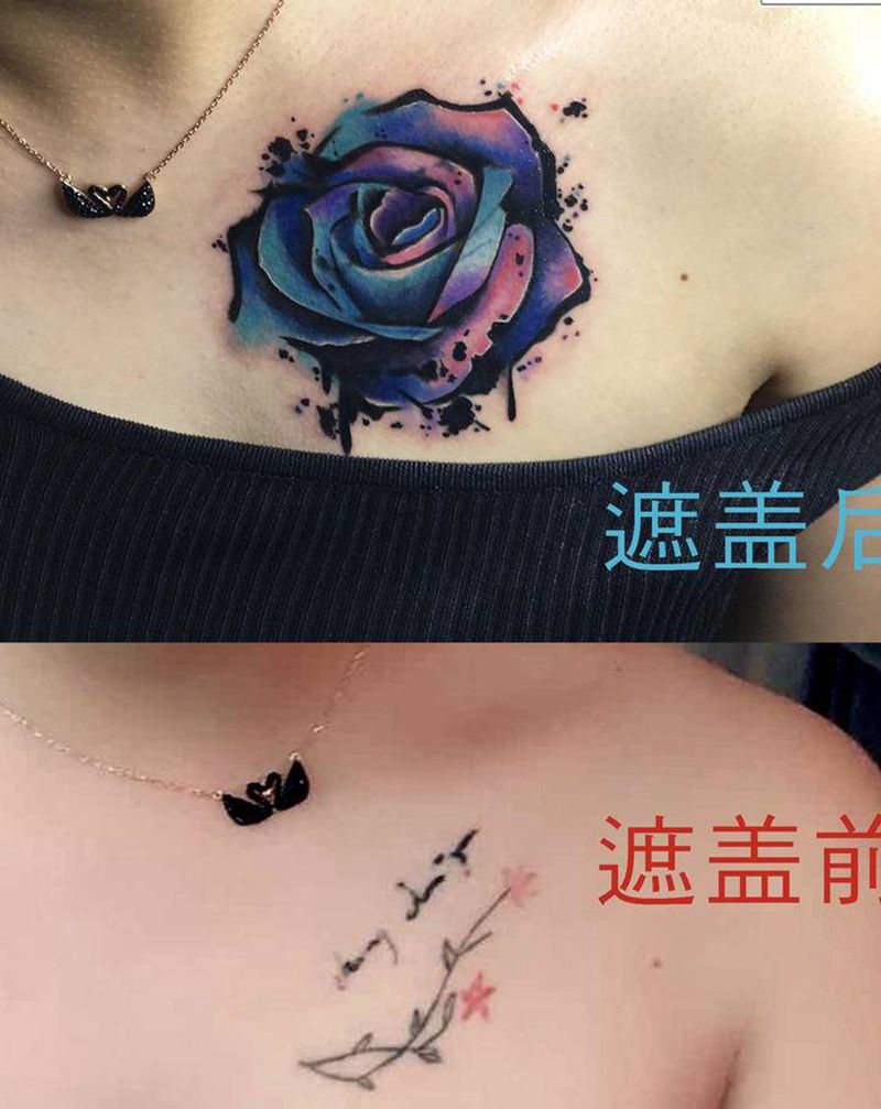 玫瑰花的“葬礼”纹身图片_胸部肩部水彩水墨深圳水彩浔异纹身图案
