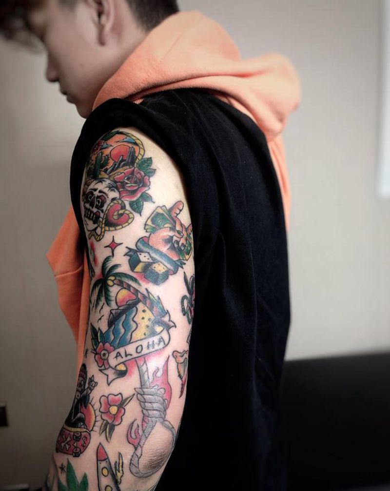 拼接花臂纹身图片_手臂Old School纹身图案