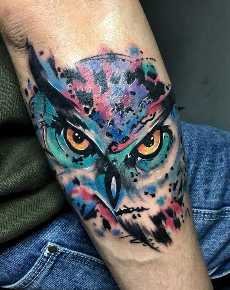 猫头鹰纹身图片_手臂手部水彩水墨深圳水彩纹身图案