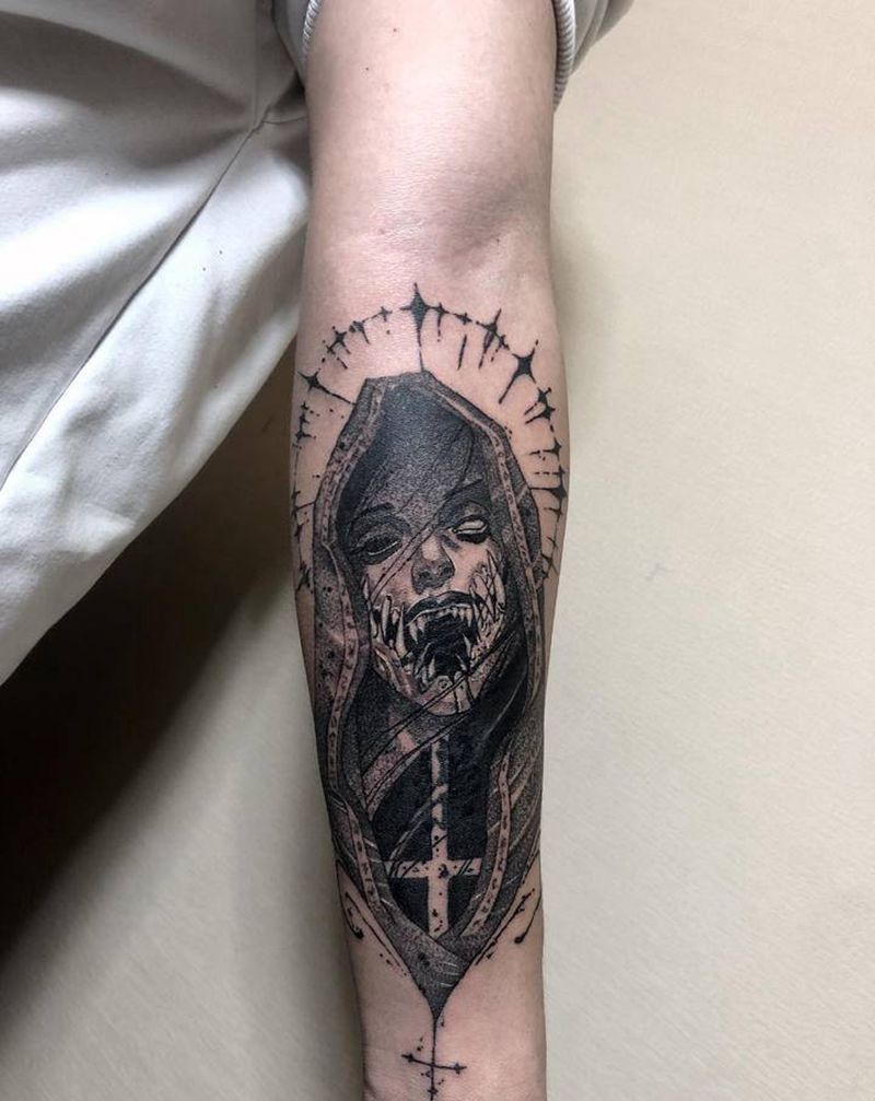 暗黑遮盖纹身图片_手臂新传统点刺纹身图案