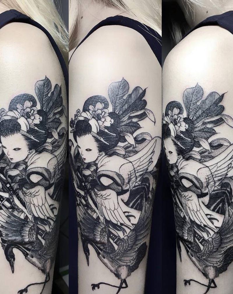 《艺妓驾鹤》纹身图片_手臂手部新传统老传统深圳艺妓传统纹身图案