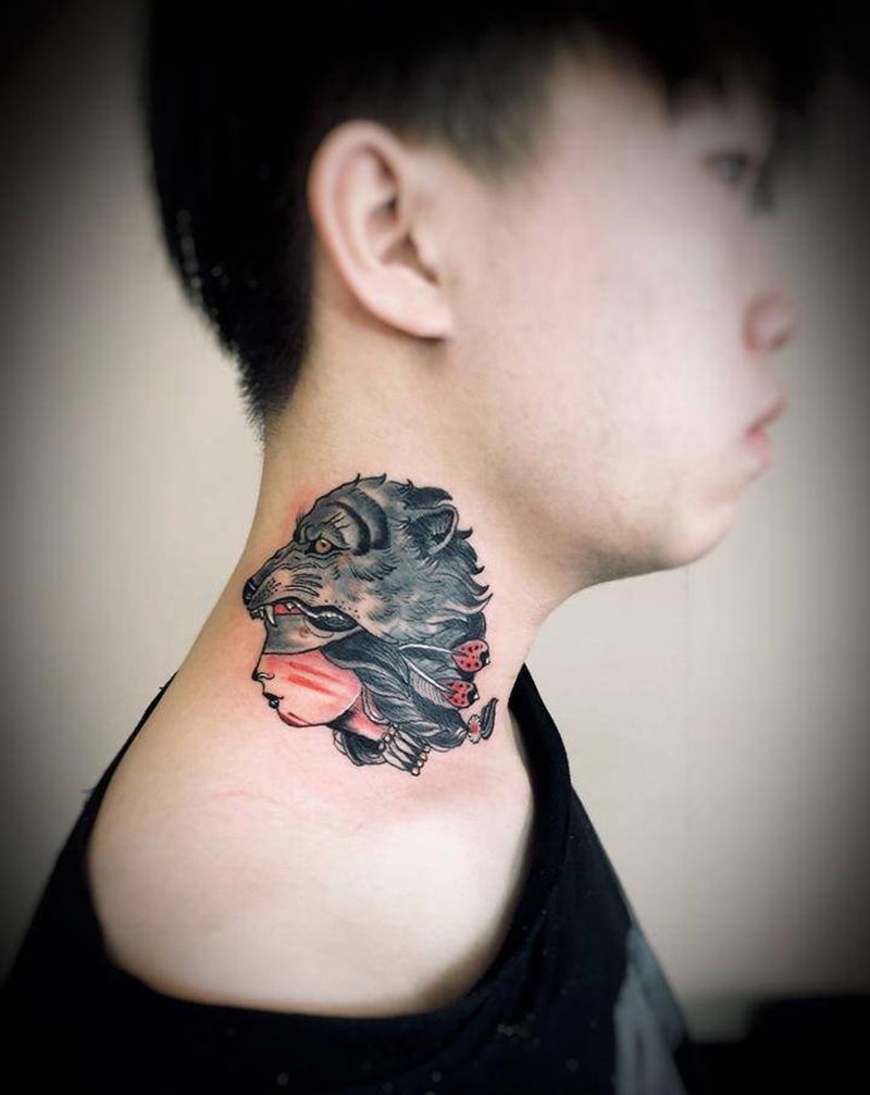 遮盖纹身图片_颈部Old School纹身图案