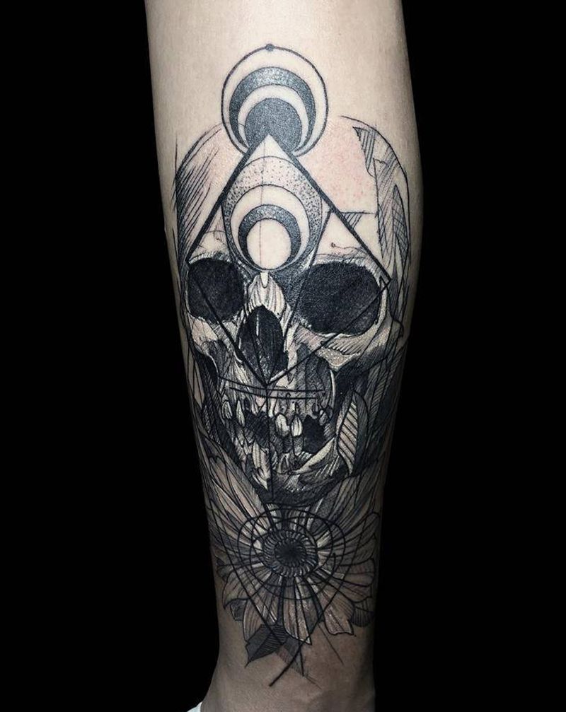 《时间空间》纹身图片_腿部脚部几何欧美写实深圳几何黑灰纹身图案