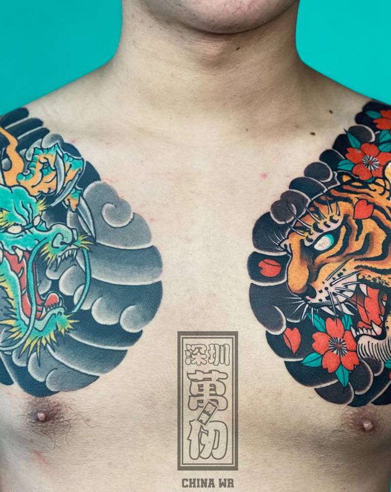 龙虎斗纹身图片_手臂胸部老传统虎龙纹身图案