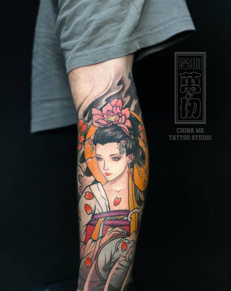 艺妓牡丹纹身图片_腿部新传统纹身图案