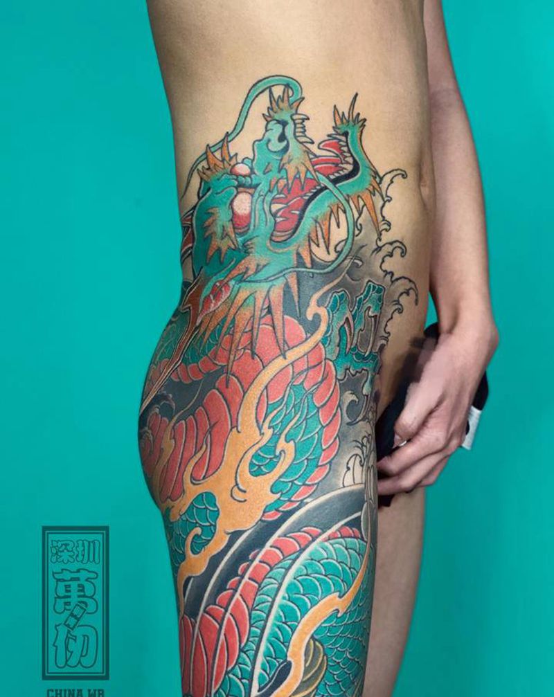 花腿龙纹身图片_腿部老传统新传统纹身图案