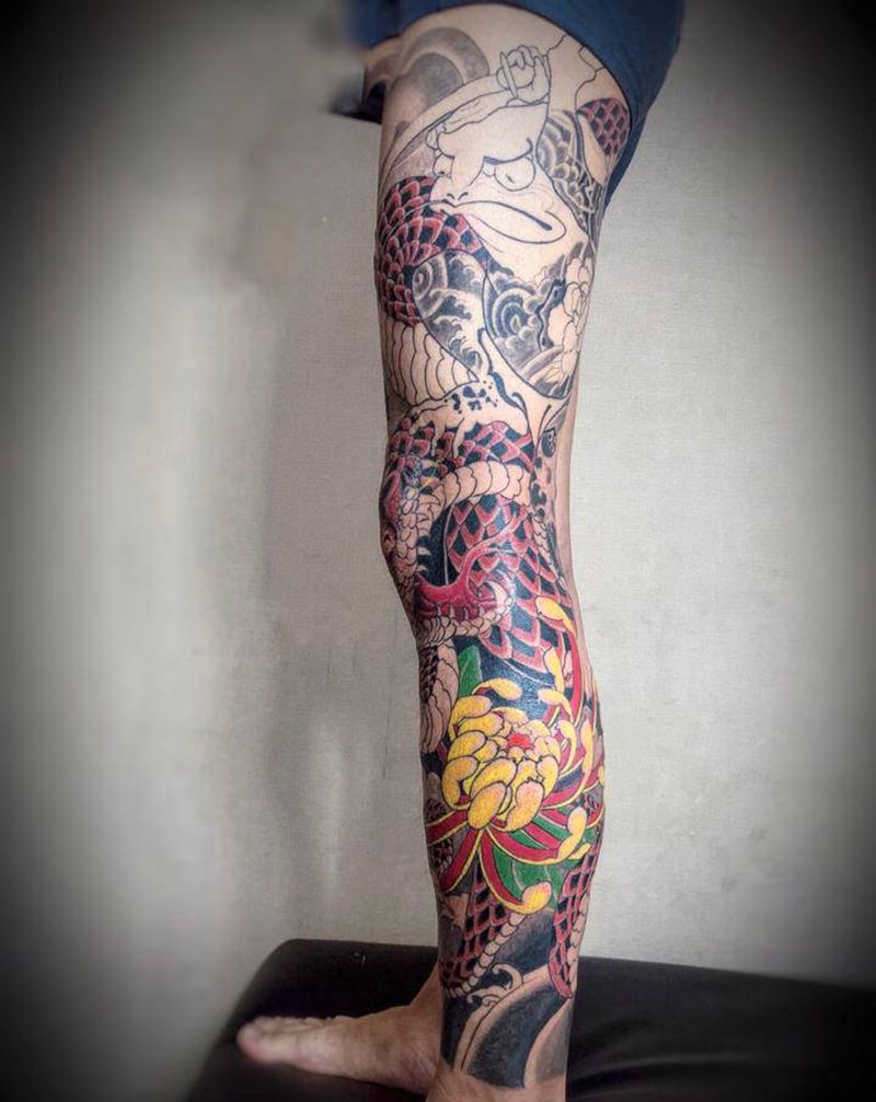 花腿纹身图片_腿部老传统新传统纹身图案