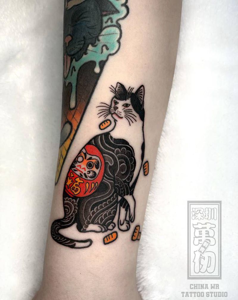 日式小猫咪纹身图片_手臂手部老传统纹身图案