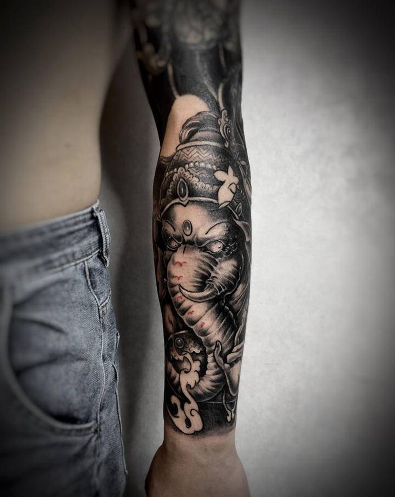 象神纹身图片_手臂新传统纹身图案