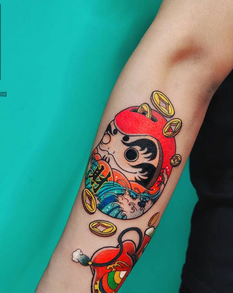 达摩蛋纹身图片_手臂老传统纹身图案