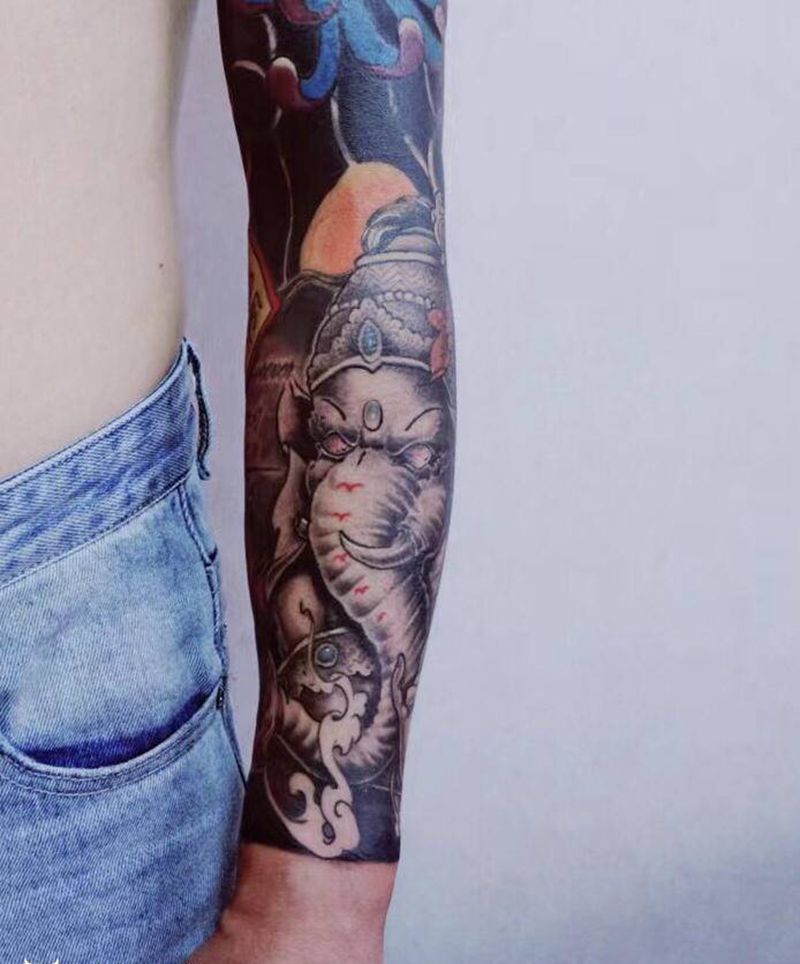 象神纹身图片_手臂新传统纹身图案